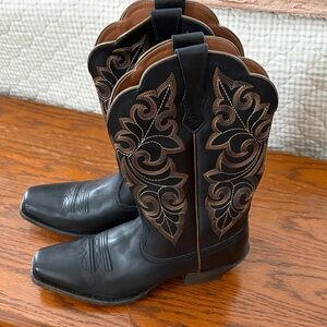 Arita Black Western Cowboy Boots with Brown Embroidery